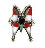 Zuni - Multi-Stone Channel Inlay and Silver Butterfly Ring  c. 1960s, size 9.5