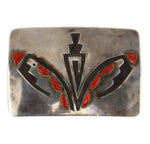Charlie John - Navajo - Coral Inlay and Silver Overlay Belt Buckle c. 1970s, 2" x 3"