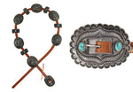William "Billy" Goodluck (1890-1967) - Navajo - Turquoise, Silver, and Leather Concho Belt with Stamped Design c. 1940s, 35.5" - 42.5" size waist