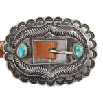 William "Billy" Goodluck (1890-1967) - Navajo - Turquoise, Silver, and Leather Concho Belt with Stamped Design c. 1940s, 35.5" - 42.5" size waist