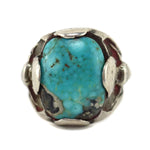 Southwest-Style - Turquoise and Silver Overlay Ring with Bull Pictorials c. 1960s, size 11.25