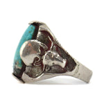 Southwest-Style - Turquoise and Silver Overlay Ring with Bull Pictorials c. 1960s, size 11.25