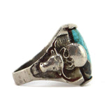Southwest-Style - Turquoise and Silver Overlay Ring with Bull Pictorials c. 1960s, size 11.25