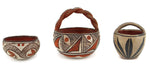 Group of 3 - Pair of Isleta Polychrome Jars & Santo Domingo (Kewa) Polychrome Handled Jar c. 1900-10s