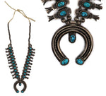 Navajo - Turquoise and Silver Box and Bow Squash Blossom Necklace with Stamped Design c. 1930-40s, 38.5" length