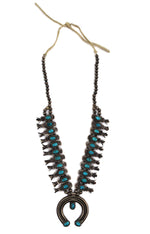 Navajo - Turquoise and Silver Box and Bow Squash Blossom Necklace with Stamped Design c. 1930-40s, 38.5" length