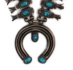 Navajo - Turquoise and Silver Box and Bow Squash Blossom Necklace with Stamped Design c. 1930-40s, 38.5" length