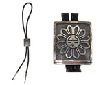 Clifton Mowa - Hopi - Sterling Silver Overlay and Leather Bolo Tie with Sunface Pictorial c. 1980s, 1.625" x 1.5" bolo