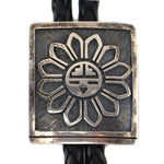 Clifton Mowa - Hopi - Sterling Silver Overlay and Leather Bolo Tie with Sunface Pictorial c. 1980s, 1.625" x 1.5" bolo