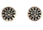 Bernard Dawahoya (1937-2010) - Hopi - Silver Overlay Sunface Kachina Clip-On Earrings c. 1950s, 1" diameter