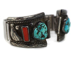 J. Kee - Navajo - Turquoise, Coral, and Silver Watch Band c. 1960s, 6.5" length