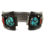 J. Kee - Navajo - Turquoise, Coral, and Silver Watch Band c. 1960s, 6.5" length