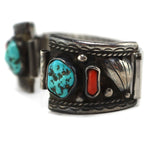 J. Kee - Navajo - Turquoise, Coral, and Silver Watch Band c. 1960s, 6.5" length