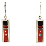 Veronica Benally - Navajo - Contemporary Spiny Oyster, Jet, and Turquoise Channel Inlay and Sterling Silver French Hook Earrings, 1.875" x 0.375"