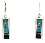 Veronica Benally - Navajo - Contemporary Turquoise, Jet, and Spiny Oyster Channel Inlay and Sterling Silver French Hook Earrings, 1.875" x 0.375"