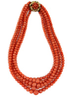 Frank Patania, Sr. (1899-1964) - 5-Strand Coral Beaded and Gold Necklace with Floral Design, 16" length