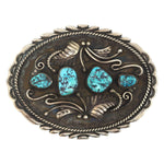 Attributed to Olson Red Horse - Navajo - Kingman Turquoise and Silver Overlay Belt Buckle with Feather Design c. 1950-60s, 2.5" x 3.375"