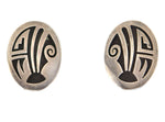 Harvey Quanimptewa, Jr. (1956-1993) & Hopi Crafts - Hopi Sterling Silver Overlay Clip-On Earrings c. 1970s, 1.25" x 0.75"