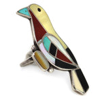 J. Shack - Zuni - Multi-Stone Channel Inlay and Silver Bird Ring c. 1960s, size 7.75