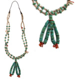 Santo Domingo (Kewa) - 2-Strand Turquoise Nugget, Spiny Oyster, Coral, and Heishi Necklace with Pair of Jocla Pendants c. 1950-60s, 35" length