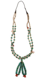 Santo Domingo (Kewa) - 2-Strand Turquoise Nugget, Spiny Oyster, Coral, and Heishi Necklace with Pair of Jocla Pendants c. 1950-60s, 35" length