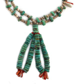 Santo Domingo (Kewa) - 2-Strand Turquoise Nugget, Spiny Oyster, Coral, and Heishi Necklace with Pair of Jocla Pendants c. 1950-60s, 35" length