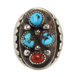 Jimmy Long - Navajo - Turquoise, Coral, and Silver Ring c. 1960s, size 10.75