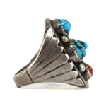Jimmy Long - Navajo - Turquoise, Coral, and Silver Ring c. 1960s, size 10.75
