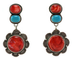 Etta Endito - Navajo - Spiny Oyster, Turquoise, and Sterling Silver Dangle Post Earrings c. 1990s, 2" x 1"