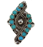 Zuni - Turquoise and Silver Channel Inlay Ring with Hummingbird Design c. 1950s, size 6