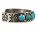 Navajo - Turquoise and Silver Bracelet with Butterfly and Whirling Logs Stamped Design c. 1920-30s, size 6.5
