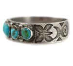 Navajo - Turquoise and Silver Bracelet with Butterfly and Whirling Logs Stamped Design c. 1920-30s, size 6.5
