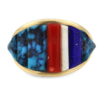 Tim Bedah, Sr. (b. 1945) - Navajo - Kingman Turquoise with Multi-Stone Cobble Inlay and 14K Gold Ring c. 1960-70s, size 5.25