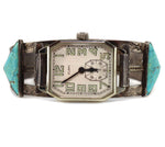 Navajo - Turquoise and Silver Watchband c. 1930-40s, size 6.75 - Includes c. 1920s Elgin 14K White-Gold Art Deco Self-Winding Wristwatch