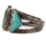 Navajo - Turquoise and Silver Watchband c. 1930-40s, size 6.75 - Includes c. 1920s Elgin 14K White-Gold Art Deco Self-Winding Wristwatch