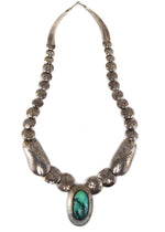 Mark Jimenez - Apache - Turquoise and Silver Beaded Necklace with Stamped Design c. 1960s, 24" length