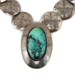 Mark Jimenez - Apache - Turquoise and Silver Beaded Necklace with Stamped Design c. 1960s, 24" length
