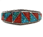 Navajo - Turquoise and Coral Chip Inlay and Silver Bracelet c. 1970s, size 6.5