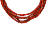 Navajo - 5-Strand Coral and Brass Beaded Necklace c. 1900, 30" length