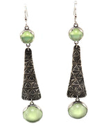 Marco Patania - Contemporary Vaseline Glass and Fine Sterling Silver French Hook Earrings with Hand-Stamped Design, 3.875" x 0.625"