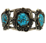 Augustine Largo - Navajo - Turquoise and Silver Bracelet with Floral and Feather Design c. 1970s, size 6.5