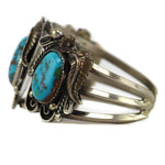 Augustine Largo - Navajo - Turquoise and Silver Bracelet with Floral and Feather Design c. 1970s, size 6.5