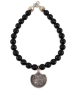 Miramontes - Contemporary Onyx and Silver Beaded Necklace with 1883 Morgan Silver Dollar Pendant, 2" x 1.5" pendant