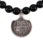 Miramontes - Contemporary Onyx and Silver Beaded Necklace with 1883 Morgan Silver Dollar Pendant, 2" x 1.5" pendant