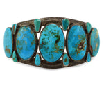 Navajo - Blue Gem Turquoise and Silver Row Bracelet with Stamped Design c. 1930s, size 7