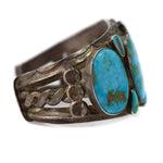 Navajo - Blue Gem Turquoise and Silver Row Bracelet with Stamped Design c. 1930s, size 7