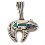 Knifewing Segura - Chiricahua Apache - Turquoise and Malachite Inlay and Sterling Silver Heartline Bear Pendant c. 1980s, 1.375" x 1"