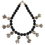 Miramontes - Necklace with 8 Large Silver "Anniversary" Blossoms on Onyx Beads, 18" length