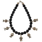 Miramontes - Necklace with 7 Large Silver Pomegranates on Onyx Beads, 17" length