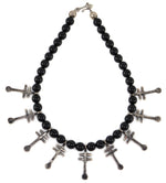 Miramontes - Necklace with 9 Small Silver Sandcast Double Bar Crosses on Onyx Beads, 16" length